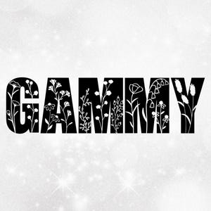 May include: Black and white graphic design of the word "GAMMY" with white floral designs inside the letters.