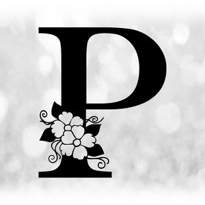 Word Clipart: Schwarzer Formal Capital Letter "P" mit Floral / Blumen Akzenten - Farbe ändern mit Eigener Software - Digitaler Download SVG & PNG