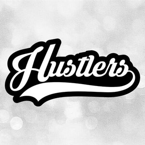 Clipart de esportes: Nome do time "Hustlers" branco em script com linha Swoosh estilo beisebol, sobreposto em preto - Download digital svg png dxf pdf