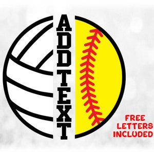 Sports Clipart: Split Name Frame Half Sports Balls w/ Black/White Volleyball & Yellow/White/Black Softball, Digital Download svg png dxf pdf