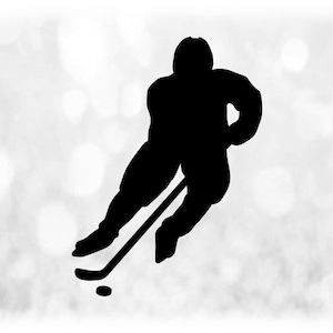 Sport Clipart: Schwarzer Eishockeyspieler Silhouette in spielender Haltung mit Puck und Stick für Spieler Teams Trainer - Digital Download SVG & PNG