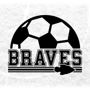 Sports Clipart: Black Half Soccer Ball with "Braves" Team Mascot Name in Varsity Style with Arrowhead - Digital Download svg png dxf pdf