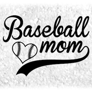Sports Clipart: Black Script Style Words "Baseball Mom" and Heart Shaped Baseball with Swoosh Underline - Digital Download svg png dxf pdf