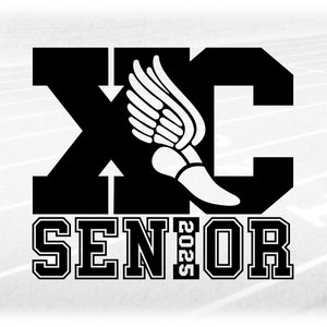 Sports Clipart: Black Cross Country "XC" w/ Track Shoe Cutout & Word "SENIOR" w/ 2025 in Collegiate Style - Digital Download svg png dxf pdf