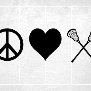 Imágenes prediseñadas deportivas: Paz, amor, Lacrosse con signo de paz, corazón y palos de lacrosse cruzados para jugadores o equipos - Descarga digital SVG &PNG
