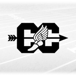 Sports Clipart: Black Style Letters "CC" for Cross Country with Winged Track Shoe and Arrow Going Across - Digital Download svg png dxf pdf