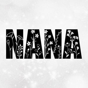 May include: Black and white graphic design of the word "NANA" with white floral designs inside the letters.