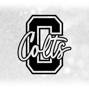 May include: A black and white graphic showing the word "Colts" in a cursive font, inside a bold, black "C" shape. The background is a textured, light grey with subtle white speckles.
