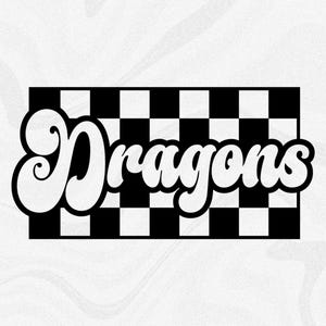 Sports Clipart: Team Mascot Name "Dragons" in Groovy Retro Style Cutout of Black Checkered Background - Digital Download svg png dxf pdf
