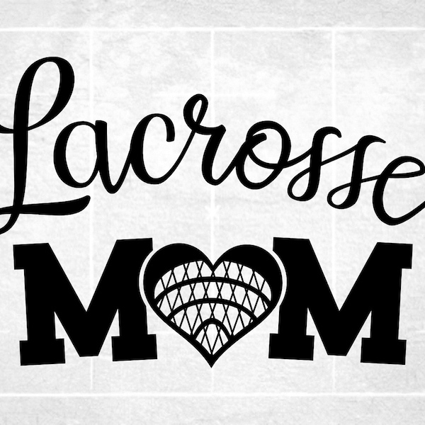 Imágenes prediseñadas deportivas: Palabra de guión negro arqueado "Lacrosse" con "Mamá" en College Type y Lacrosse Stick Net Heart - Descarga digital SVG &PNG
