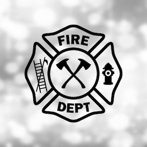 Peut inclure: Emblème noir et blanc du service d'incendie avec une échelle, des haches et une bouche d'incendie. L'emblème est en forme de croix de Malte avec les mots "FIRE DEPT" au centre.
