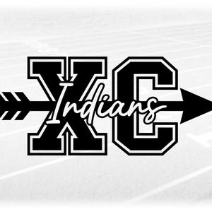 May include: Black and white graphic with the text "XC Indians" and an arrow. The text is in a bold, blocky font with a cursive "Indians" in the middle. The background is a white track.