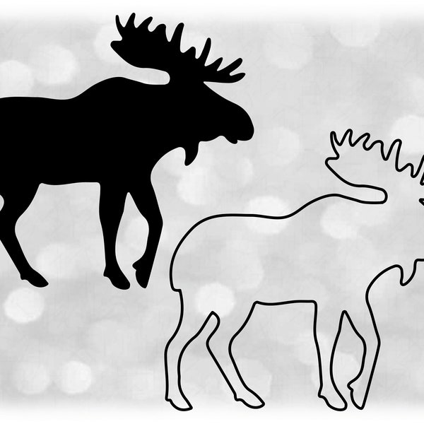 Animal Clipart: Simple Easy Black Silhouette of Moose in Solid and Outline - Change Color with Your Software - Digital Download SVG & PNG