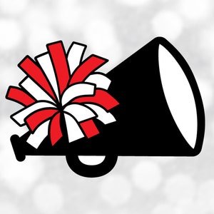 Sports Clipart: White & Red Cheerleader Megaphone with Pom Layered on Black for Cheering, Cheerleading - Digital Download svg png dxf pdf