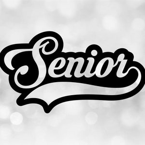 Clipart inspirador: palavra de script extravagante "Sênior" em formato estilo beisebol com recorte de sublinhado Swoosh nas costas - download digital SVG e PNG