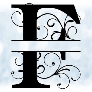 Clipart de palavra: Moldura de nome dividida Preto Estilo formal Letra maiúscula Inicial / Monograma "F" com cachos florais/redemoinhos - Download digital SVG e PNG