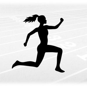 May include: A black silhouette of a person running on a track. The figure is in mid-stride, with one arm raised and the other bent. The track has white lanes and numbers.