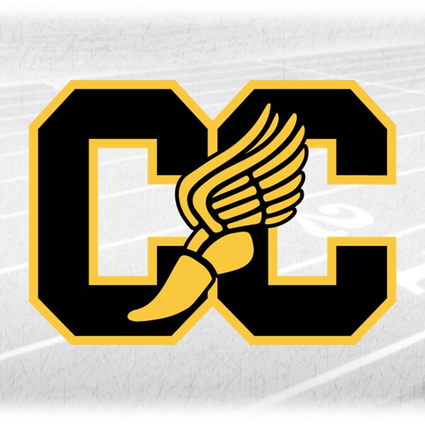 Sports Clipart: College Style Letters "CC" for Cross Country w/ Winged Track Shoe Cutout Overlay on Gold - Digital Download svg png dxf pdf