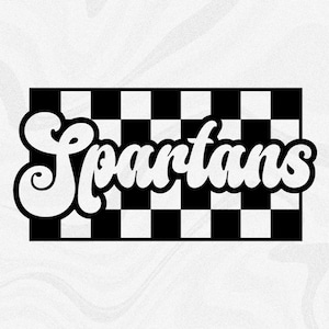 Sports Clipart: Team Mascot Name "Spartans" in Groovy Retro Style Cutout of Black Checkered Background - Digital Download svg png dxf pdf