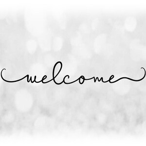 May include: A white background with a blurred bokeh effect. The word "welcome" is written in black cursive script.