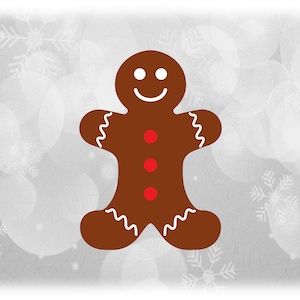 May include: A brown gingerbread man cookie with white icing and red buttons. The gingerbread man is smiling and has white eyes.