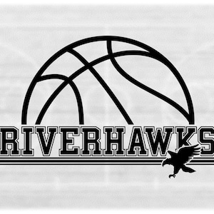 May include: Black and white graphic featuring a basketball design above the text "RIVERHAWKS" in a bold, collegiate font. An eagle silhouette is positioned to the right of the text. The background has a subtle texture.