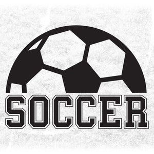 May include: Black and white graphic design of a football with the word "SOCCER" underneath.