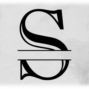 Clipart de palavra: Inicial maiúscula em estilo colonial gravado formal preto ou letra "S" dividida em monograma para adicionar nome - download digital SVG e PNG
