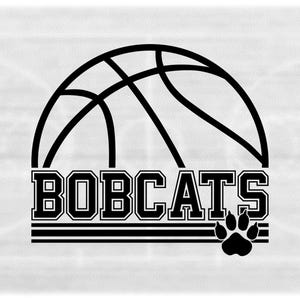 Sports Clipart: Black Half Basketball with "Bobcats" Team Name Varsity Style with Paw Silhouette Cutout - Digital Download svg png dxf pdf
