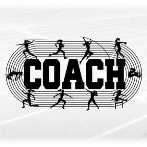 Sports Clipart: Track & Field Word "Coach" in Bold Black Letters with Running Track and Female Athletes - Digital Download svg png dxf pdf