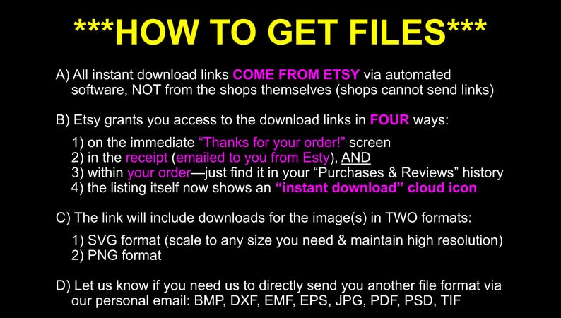 May include: Black and white text on a black background explaining how to download files from Etsy. The text includes the words "COME FROM ETSY", "FOUR ways", "instant download", "SVG format", "PNG format", "BMP, DXF, EMF, EPS, JPG, PDF, PSD, TIF".