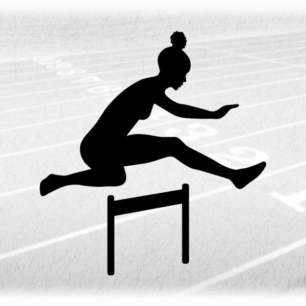 Sports Clipart: BlackTrack & Field Silhouette of African Female / Woman Hurdler Jumping Hurdle Event - Digital Download svg png dxf pdf