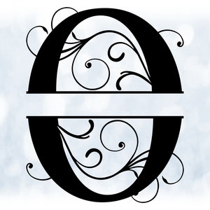 Word Clipart: Split Name Frame Black Formal Style Capital Letter Initial / Monogram "O" w / Floral Curls / Swirls - Descarga digital SVG & PNG