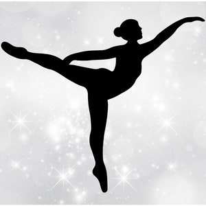 May include: Silhouette of a ballerina in a graceful pose, with one leg extended and the other pointed, against a sparkling white background.