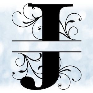 Word Clipart: Split Name Frame Black Formele Stijl Hoofdletter Initial / Monogram "J" w / Floral Curls / Swirls - Digitale Download SVG & PNG