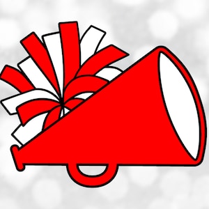 Sports Clipart: Red & White Cheerleader Megaphone with Pom Pom on Black Background for Cheer / Cheering - Digital Download svg png dxf pdf