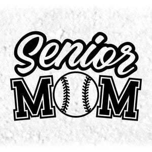 Sports Clipart: Black Words "Senior Mom" in Script and Varsity Style with Baseball/Softball as Letter "O" - Digital Download svg png dxf pdf
