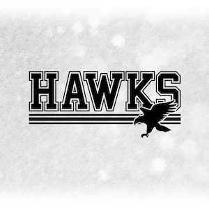 Sports Clipart: Black Bold "Hawks" Team Name in Varsity Style above Stripes with Bird Silhouette Cutout - Digital Download svg png dxf pdf