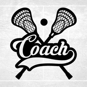 Sports Clipart: Black Lacrosse Sticks and Ball with Word "Coach" in with Baseball Swoosh Underline Cutout - Digital Download svg png dxf pdf