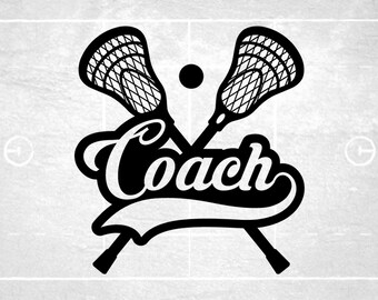 Sports Clipart: Black Lacrosse Sticks and Ball with Word "Coach" in with Baseball Swoosh Underline Cutout - Digital Download svg png dxf pdf