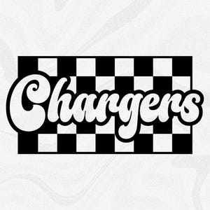 Sports Clipart: Team Mascot Name "Chargers" in Groovy Retro Style Cutout of Black Checkered Background - Digital Download svg png dxf pdf