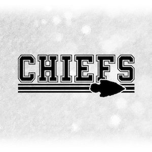 Sports Clipart: Black Bold "Chiefs" Team Name in Varsity Style above Stripes with Arrowhead Silhouette - Digital Download svg png dxf pdf