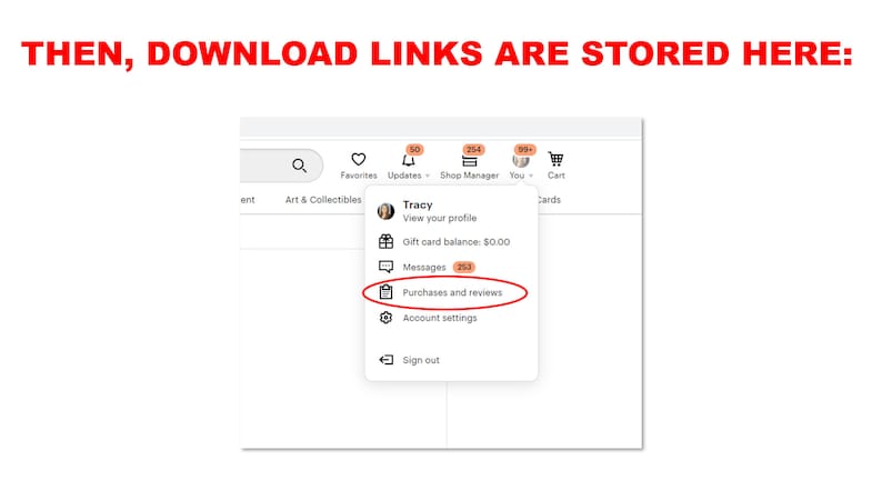 May include: A screenshot of a website showing a user's account menu. The menu options include: View your profile, Gift card balance, Messages, Purchases and reviews, Account settings, and Sign out.