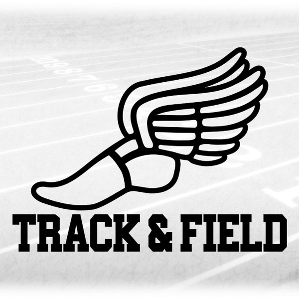 Sports Clipart: Black Wing Running Shoe Outline from Mercury / Hermes with Bold Words "Track & Field" - Digital Download svg png dxf pdf