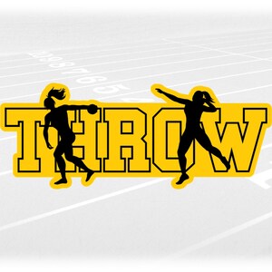 Sports Clipart: Track & Field Black Word "THROW" with Female Discus and Shot Put Thrower Layered on Gold - Digital Download svg png dxf pdf
