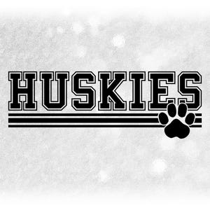 Sports Clipart: Black Bold "Huskies" Team Name in Varsity Style above Stripes with Paw Silhouette Cutout - Digital Download svg png dxf pdf