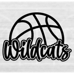 May include: Black and white graphic design of a basketball with the word "Wildcats" written in a stylized font.