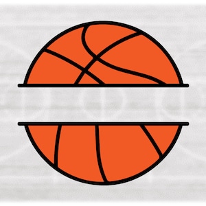 May include: A split image of an orange basketball with black lines. The basketball is split in half horizontally with a blank space in the middle.