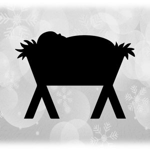 Holiday Clipart: Black Silhouette of Christmas Nativity Manger Theme Baby Jesus in Wooden Cradle with Hay - Digital Download svg png dxf pdf