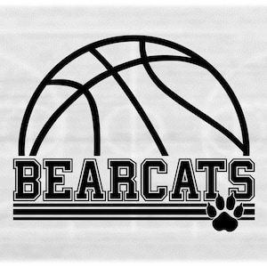 Sports Clipart: Black Half Basketball with "Bearcats" Team Name Varsity Style with Paw Silhouette Cutout - Digital Download svg png dxf pdf